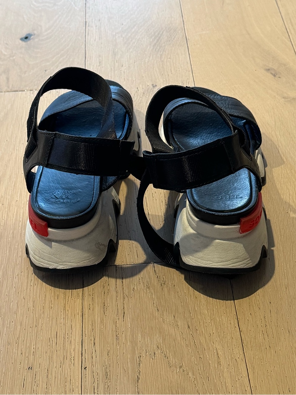 Sorel Black and White Platform Sport Sandals with Red Accent - Picture 4 of 4